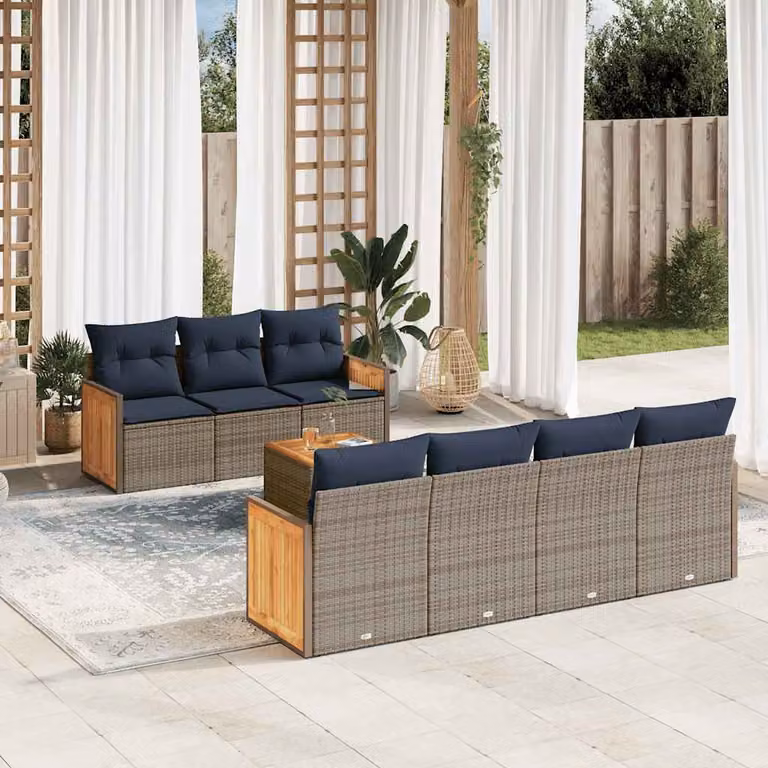 Set di divani da giardino vidaXL 8 pezzi in polyrattan e legno di acacia oliato con cuscini grigi e blu