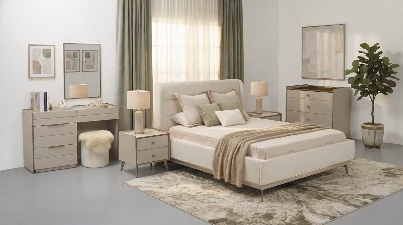 Set per camera da letto beige, moderno e composto da letto, tavolo da trucco e comodini