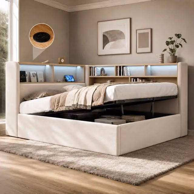 Letto imbottito 140x200 cm in velluto beige con contenitore idraulico; vani; LED e prese USB