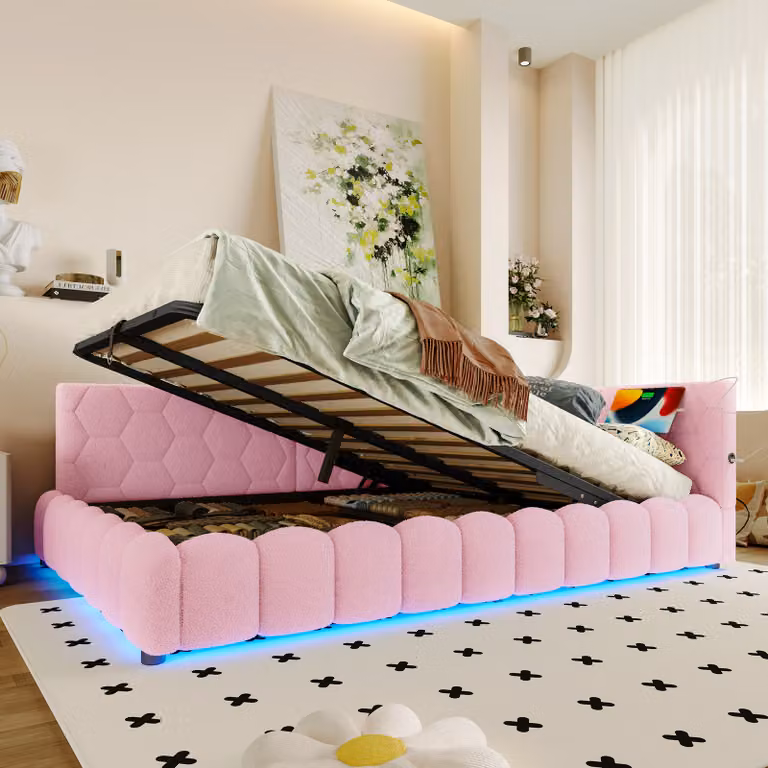 Divano letto STILVORA 140x200, divano letto per il giorno con meccanismo di sollevamento idraulico, dotato di striscia LED, letto per ragazzi con striscia LED e porta USB, senza materasso, colore rosa