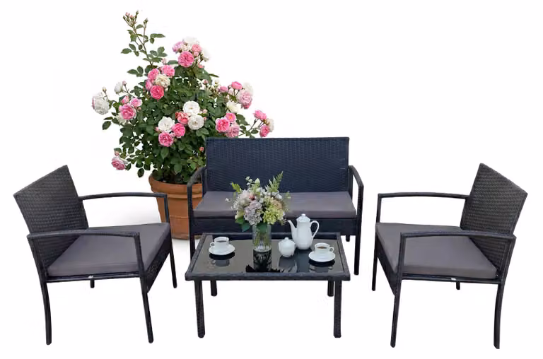 Set di mobili da giardino Relaxdays, set da salotto in rattan da 4 pezzi, per 4 persone, panca, sedie e tavolo in vetro, mobili da relax, da esterno, nero