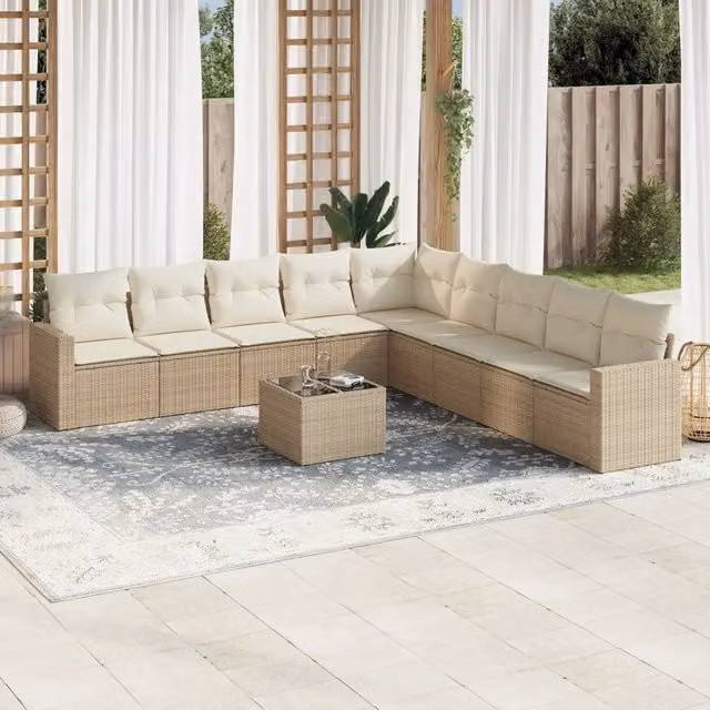 Set Divano da Giardino VIDAXL in Polyrattan con 10 Pezzi e Cuscini Beige