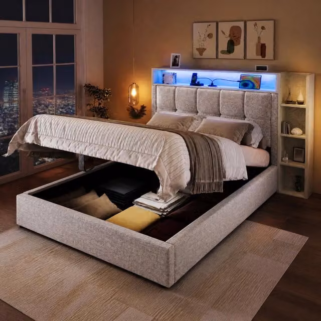 Letto singolo Mivray con contenitore idraulico, testiera imbottita in lino beige, illuminazione LED e porte USB e Type-C, L/P: 90 x 200 cm – 1