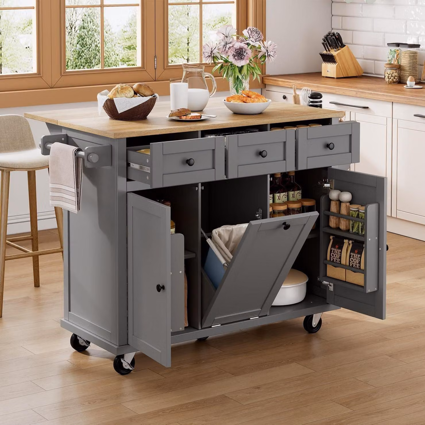 Isola da cucina con ruote, zona pranzo estendibile, vano per contenitori di rifiuti, cassetti, colore grigio