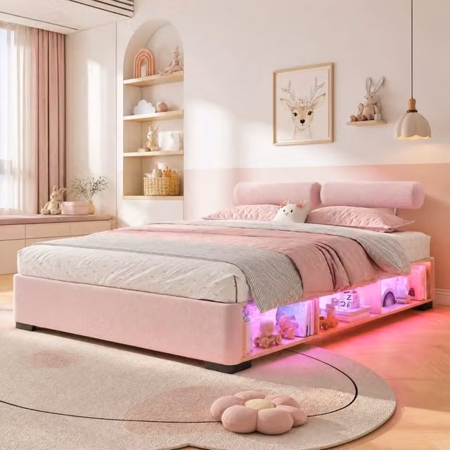 Letto imbottito per bambini 140x200 cm rosa con ripiano laterale LED e testiere modulari HAVRYA