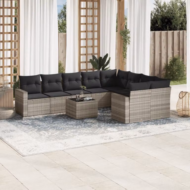 vidaXL Set Divano da Giardino 10 Pezzi in Polyrattan con Cuscini Grigio Chiaro