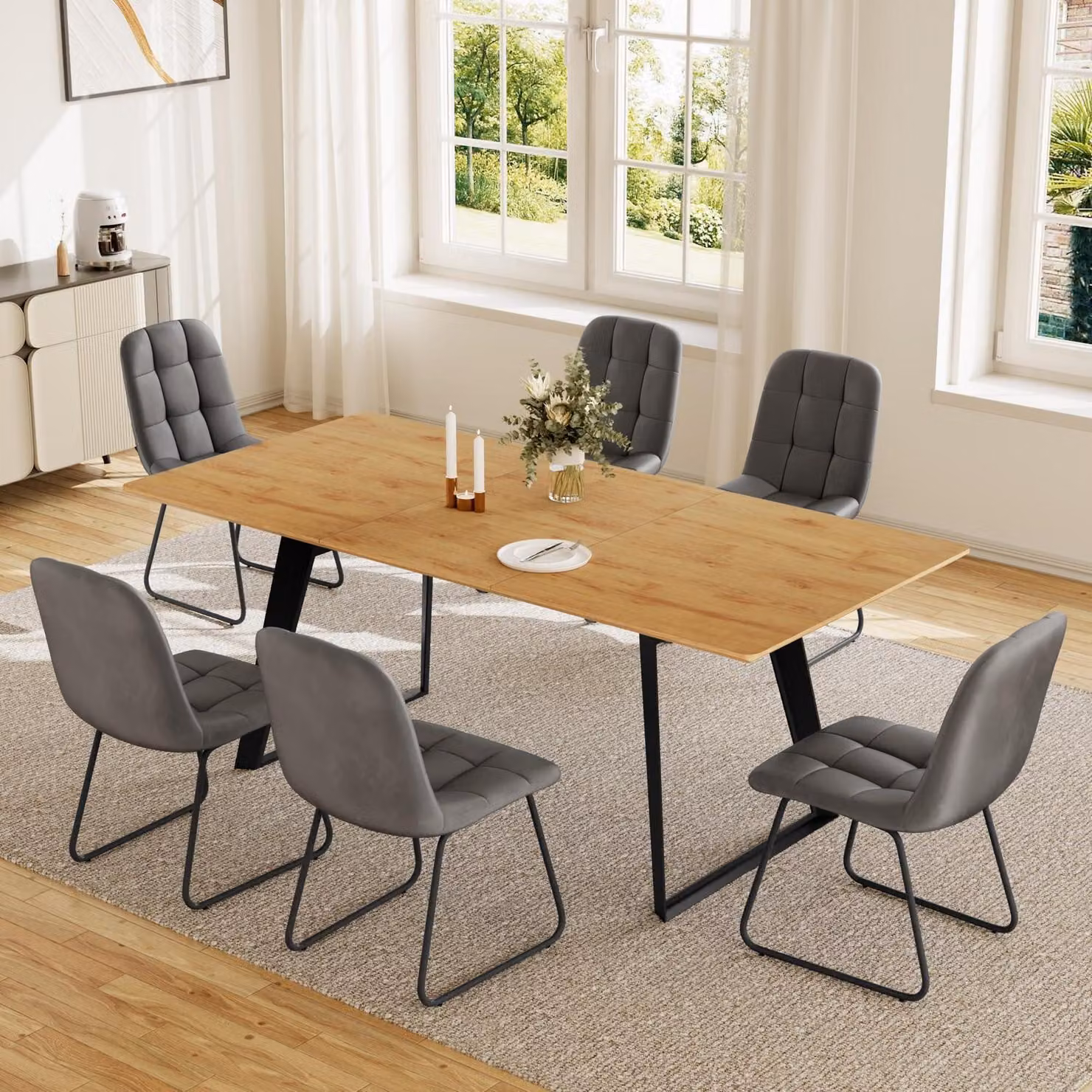 Set da pranzo con tavolo allungabile da 130-170 cm, completo di 6 sedie, con finitura effetto legno MDF, struttura in metallo grigio