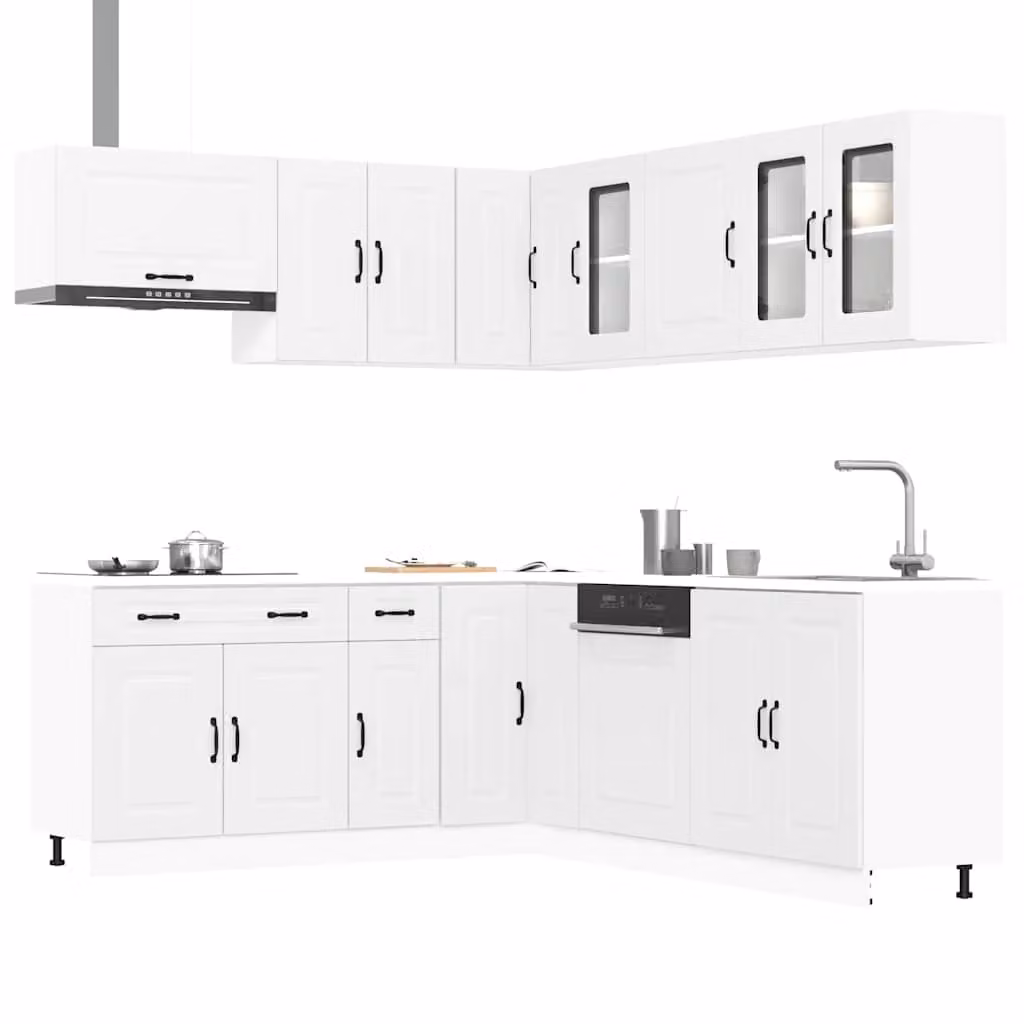 Set di mobili da cucina moderno vidaXL Kalmar composto da 11 pezzi in legno e vetro, colore bianco opaco