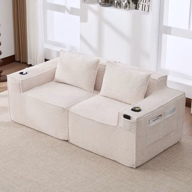 Divano modulare REDOM a 2 posti in velluto a coste beige L: 188 cm, P: 90 cm, H: 75 cm