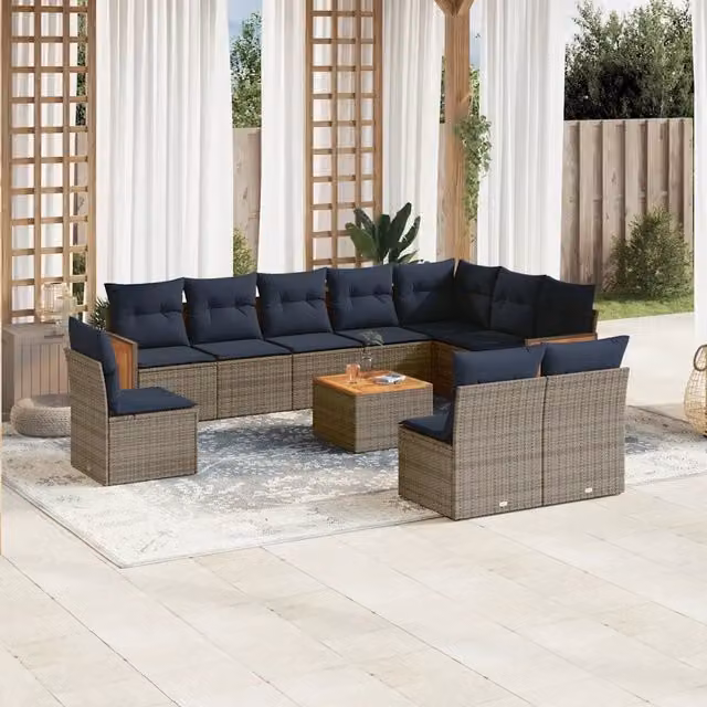 Set Divani da Giardino 11 pz con Cuscini Grigio in Polyrattan 3227762
