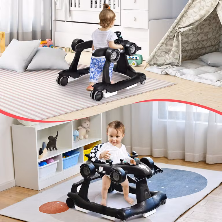 Costway Primi passi 4 in 1 per bambini con altezza e velocità regolabili, deambulatore a spinta con carillon e luci, Nero