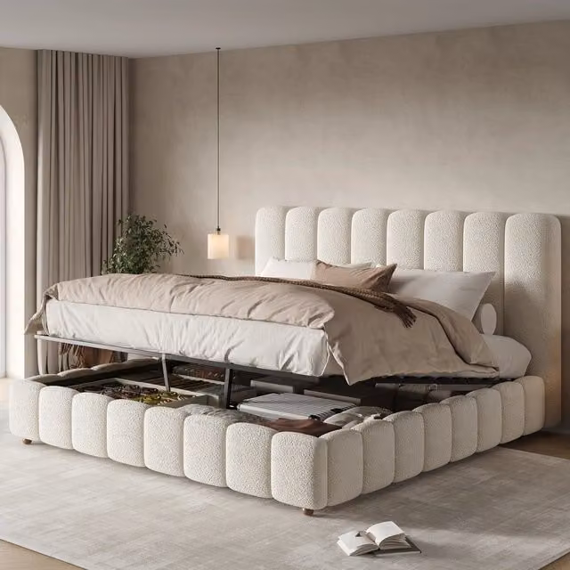 Letto Contenitore REDOM in Bouclé Bianco con Rete a Doghe L/P: 160 x 200 cm – 1