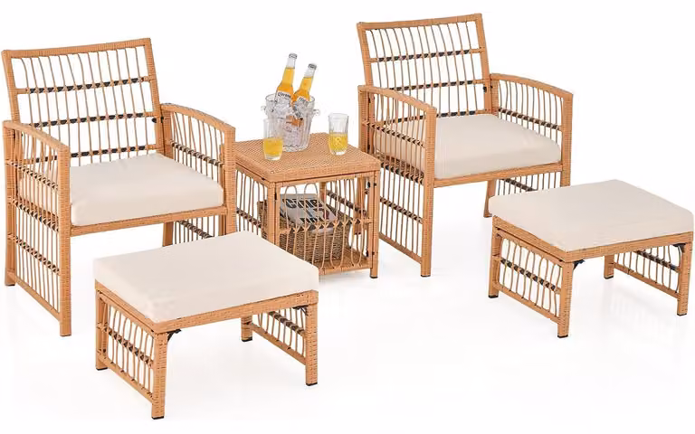 Set di mobili da giardino KOMFOTTEU, composto da 5 pezzi: 2 poltrone, 2 poggiapiedi e un tavolino da caffè. Ideale per balconi, terrazze e giardini