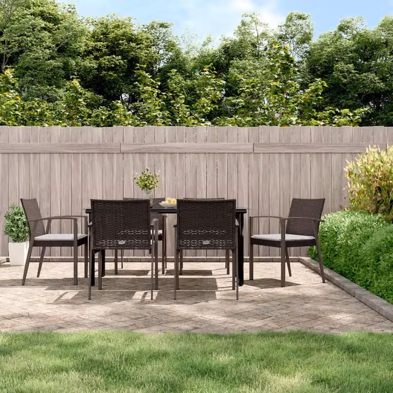 Set da pranzo da giardino vidaXL in polyrattan e acciaio con 7 pezzi e cuscini, tavolo rettangolare in vetro e struttura moderna disponibile in bianco, nero o marrone