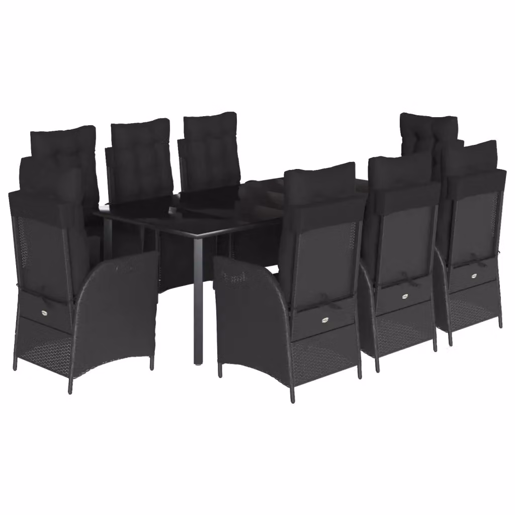 Set da pranzo da giardino vidaXL in polyrattan nero con cuscini e tavolo in vetro, 9 pezzi – 2