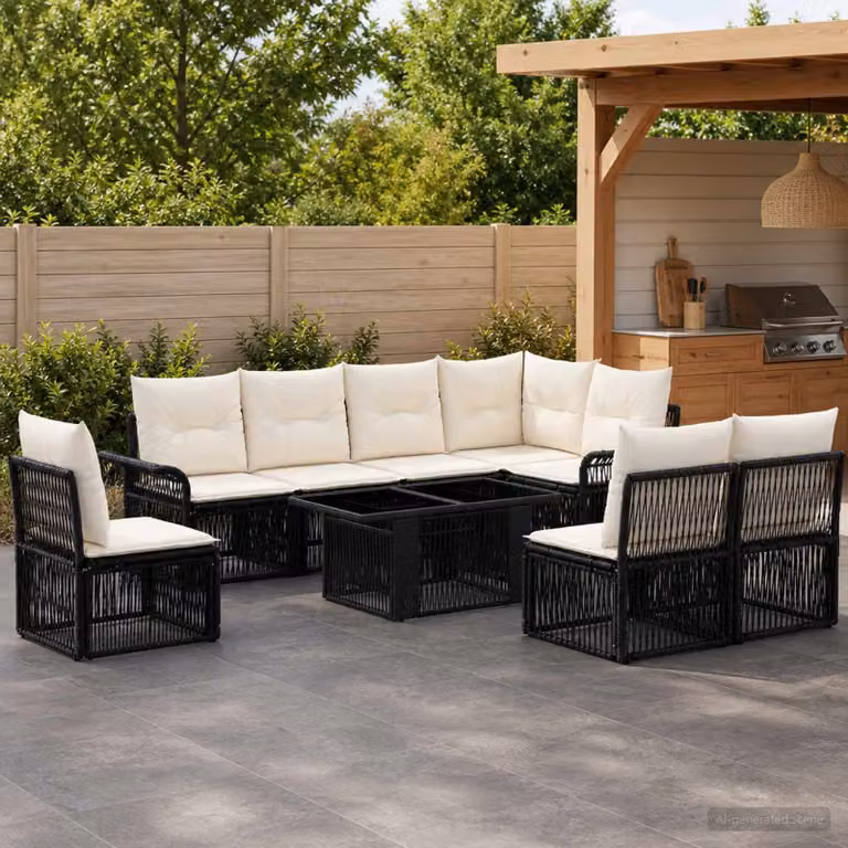 Set Divano da Giardino vidaXL 9 pz in Polyrattan Nero e Bianco con Cuscini e Tavolino da Esterno a Forma di L