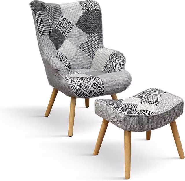 Poltrona moderna patchwork con pouf imbottita Mobili 2G L: 67 cm, P: 76 cm, H: 97 cm