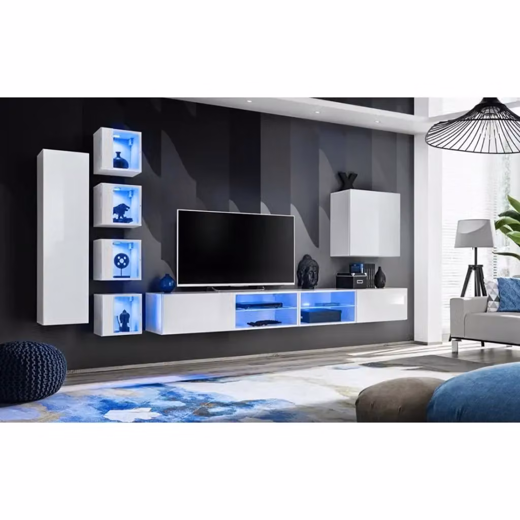 Set di mobili da soggiorno moderni Meublorama SWITCH XXVI in MDF bianco lucido con ante in vetro e illuminazione integrata – 2