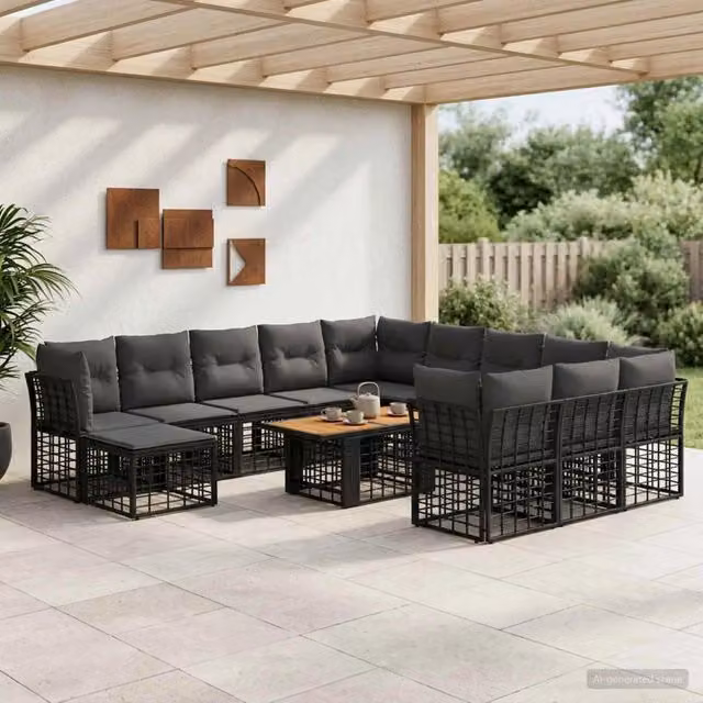 Set Divano da Giardino a Forma di U vidaXL in Polyrattan con Cuscini Nero e Grigio – 1