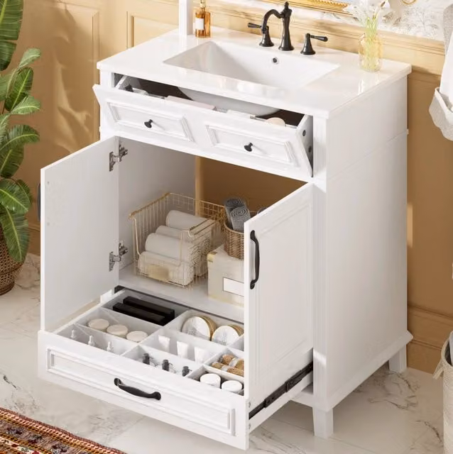 Mobile lavabo ULEVR 77x46x86 cm con lavabo in ceramica, 2 cassetti e armadio a 2 ante, bianco