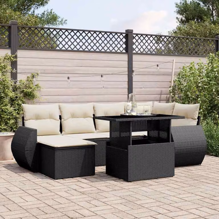 Set Divano da Giardino a L vidaXL con 7 Pezzi, Polyrattan Nero e Cuscini Imbottiti con Rivestimenti Rimovibili