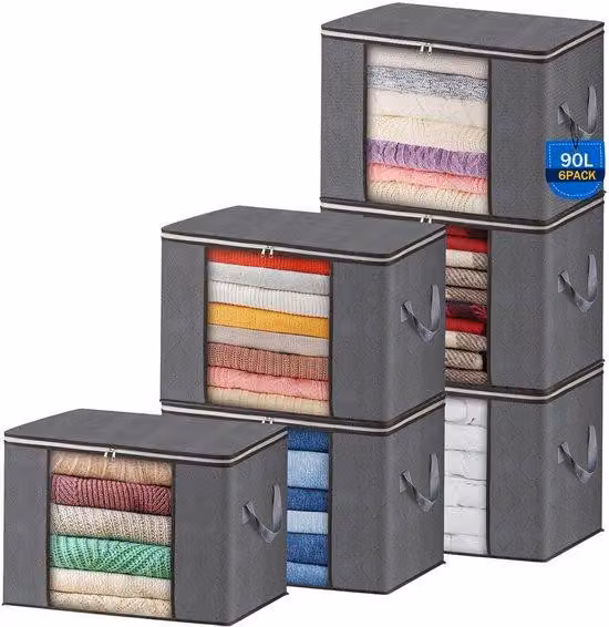 Set di 6 sacche pieghevoli Unyqoos® per l'organizzazione, capacità di 90 litri (60x40x35 cm), realizzate in tessuto non tessuto a tre strati, con finestra trasparente e cerniera a doppia direzione, ideali per abbigliamento stagionale e articoli per la cas