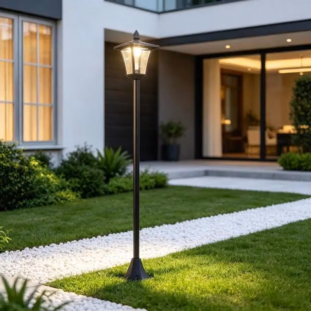 Lampada solare da giardino in stile vintage con LED luce bianca calda, lanterna da esterno nera con palo e struttura in metallo e plastica – 1