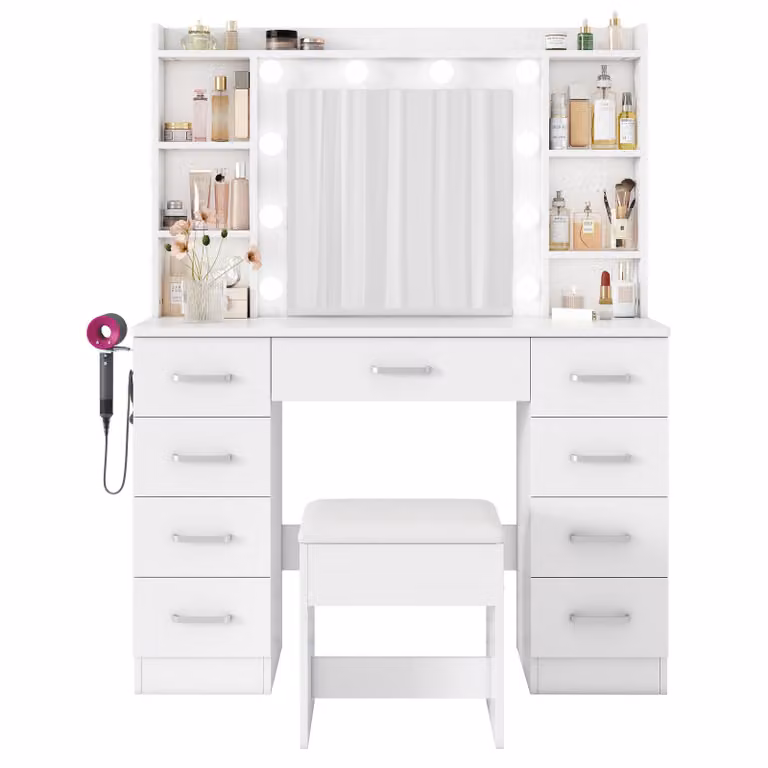 AIORBER Tavolo da trucco con specchio LED e sgabello, toeletta con 9 cassetti, 3 modalità di illuminazione dimmerabili, tavolo da trucco con ripiani e supporto per asciugacapelli Bianco