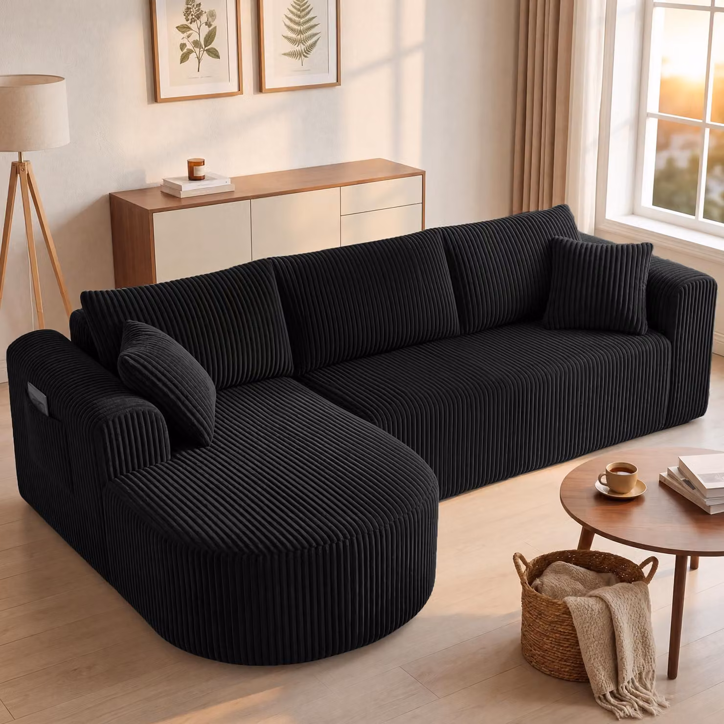 Divano componibile COMHOMA con funzione letto, 263 cm, in velluto. Divano modulare "Boneless" con chaise longue, divano a forma di L con funzione letto, divani componibili con cuscini e tasche laterali