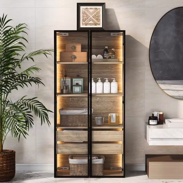 Mobile contenitore moderno sospeso in MDF beige con ante in vetro e illuminazione integrata – 1