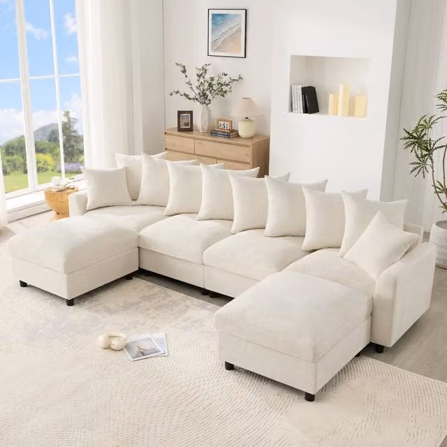 Divano angolare modulare 283x153.5x78.5 cm configurabile a U o L con porte USB e Type C in chenille beige