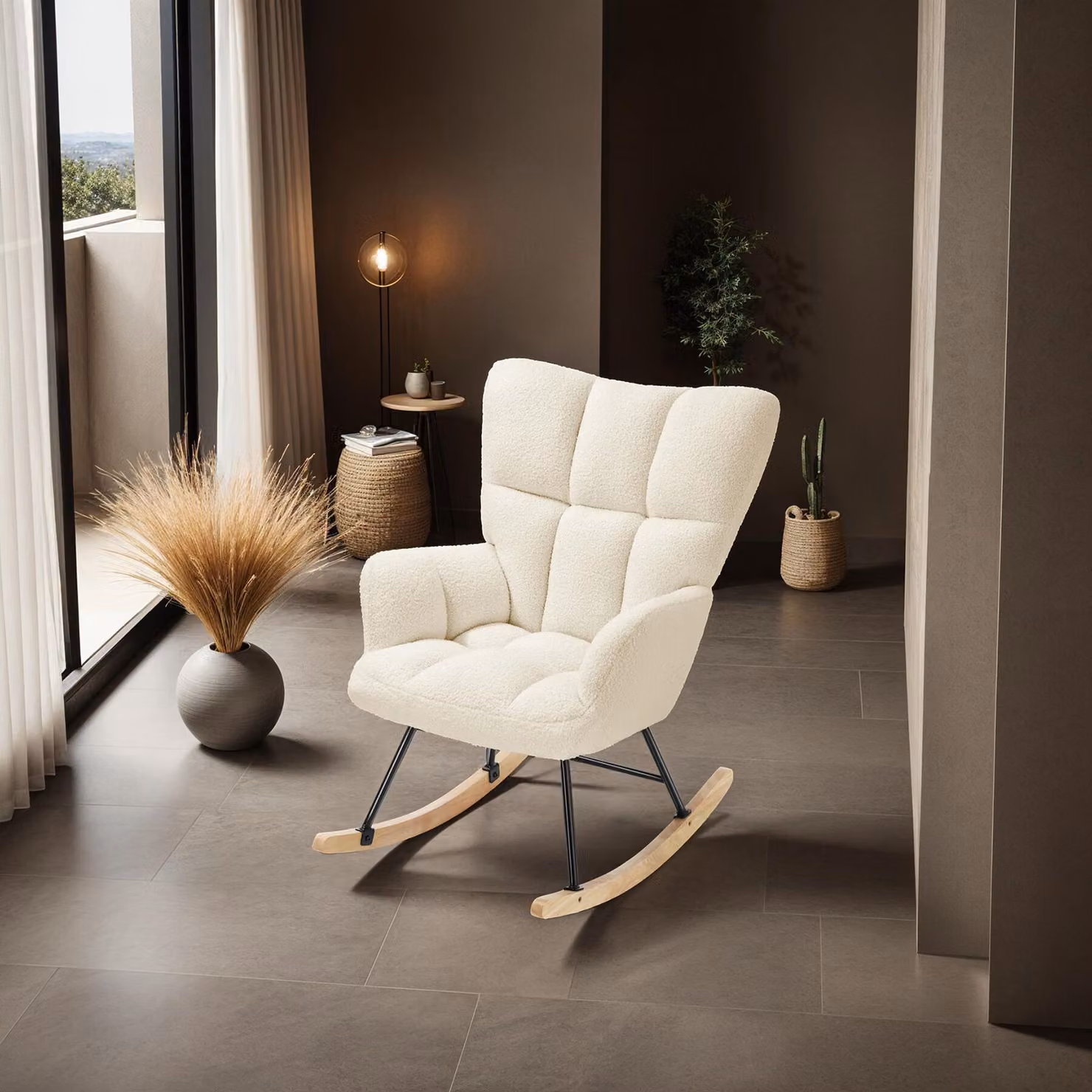 Sedia a dondolo Torve TecTake GmbH in stile scandinavo con imbottitura in bouclé beige e pattini in legno – 3