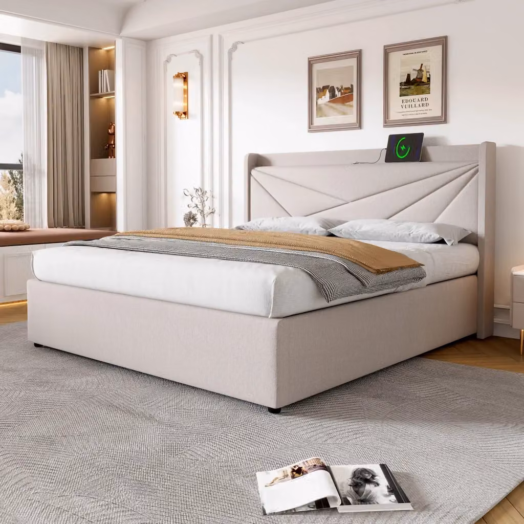Letto Contenitore Matrimoniale Chicfurn con Testiera Imbottita e Porte USB/Tipo C, Beige, L/P/H: 140 x 200 x 107 cm – 2