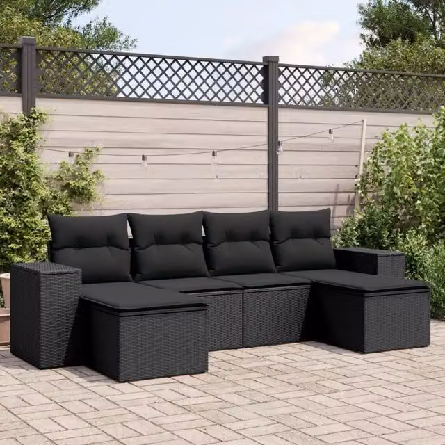 Set Divano da Giardino 6 pz con Cuscini Nero in Polyrattan 3222914