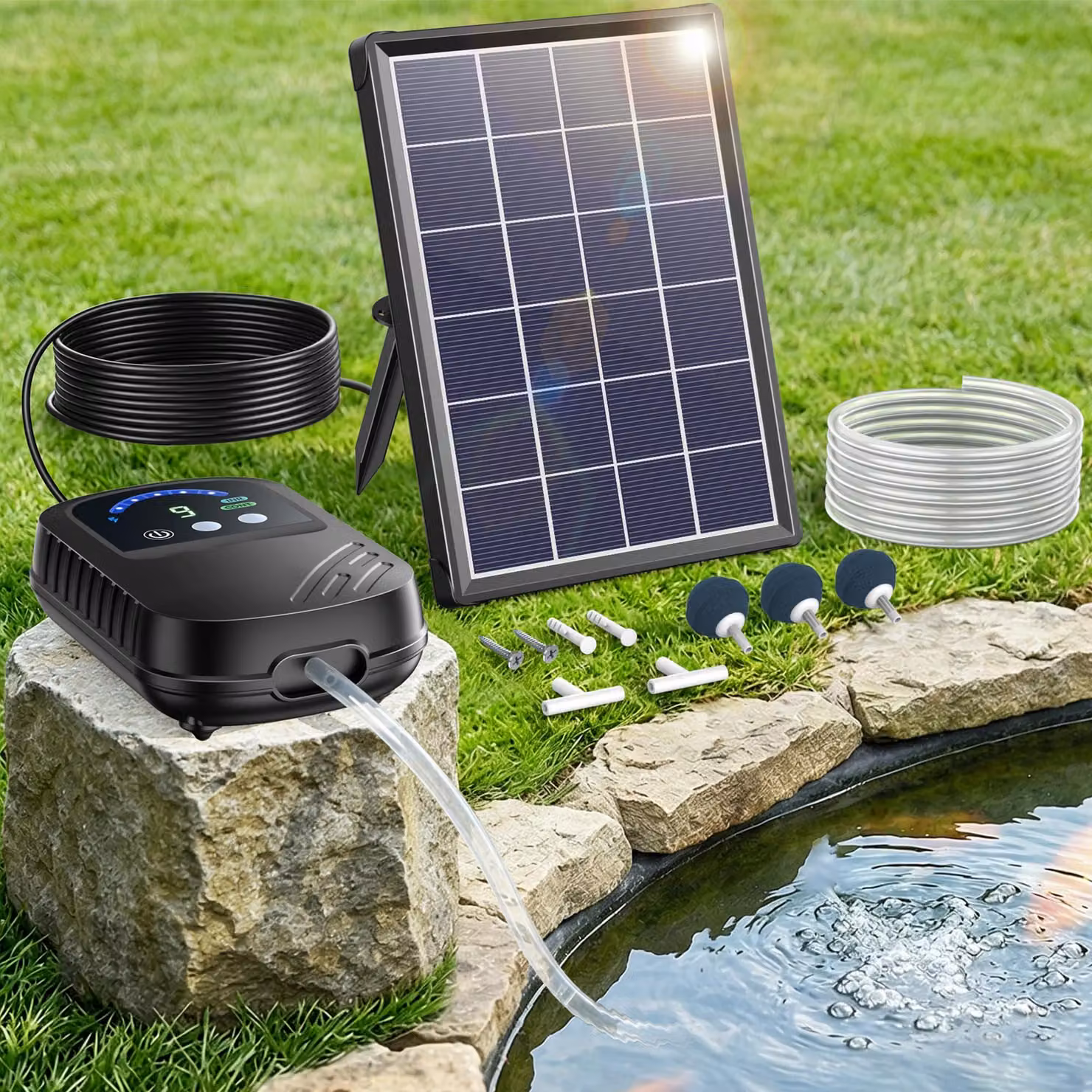 Aeratore solare per stagni - Potenza: 4W - Capacità: 90 litri/ora - Materiale: ABS - Colore: nero
