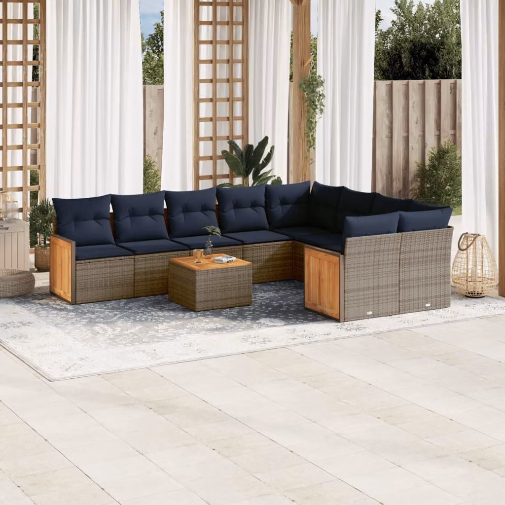 Set di divani da giardino vidaXL 10 pezzi in polyrattan con cuscini grigi e blu e struttura in legno di acacia oliato