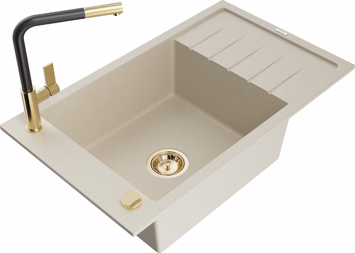 Mexen Elias lavello in granito 1-vasca con scolapiatti e rubinetto da cucina Flora, beige - 6511-69-670401-57-G