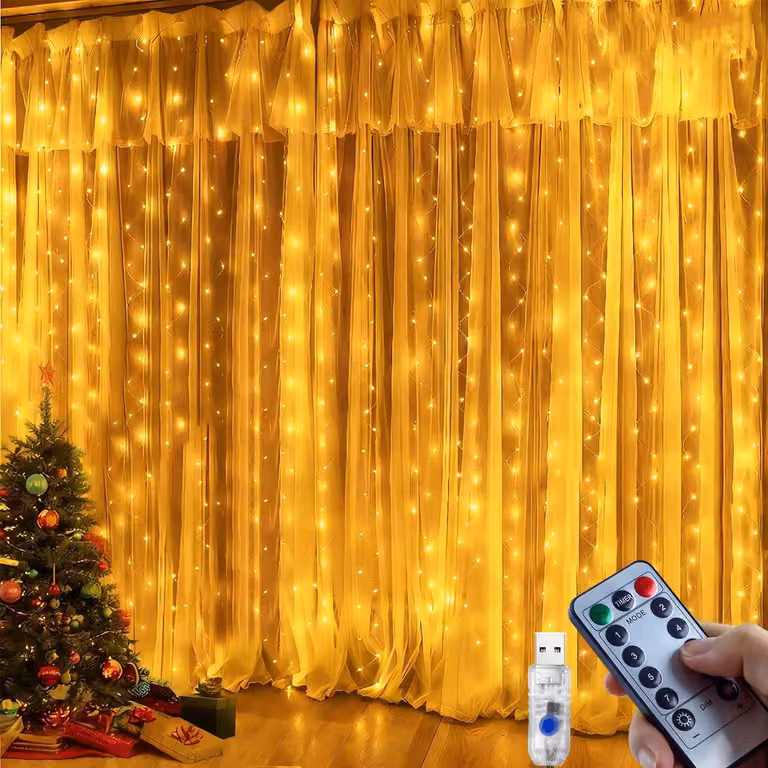 Tenda luminosa a LED, 3 x 3 metri, 300 LED, catena luminosa, tenda con 8 modalità, tenda luminosa con telecomando