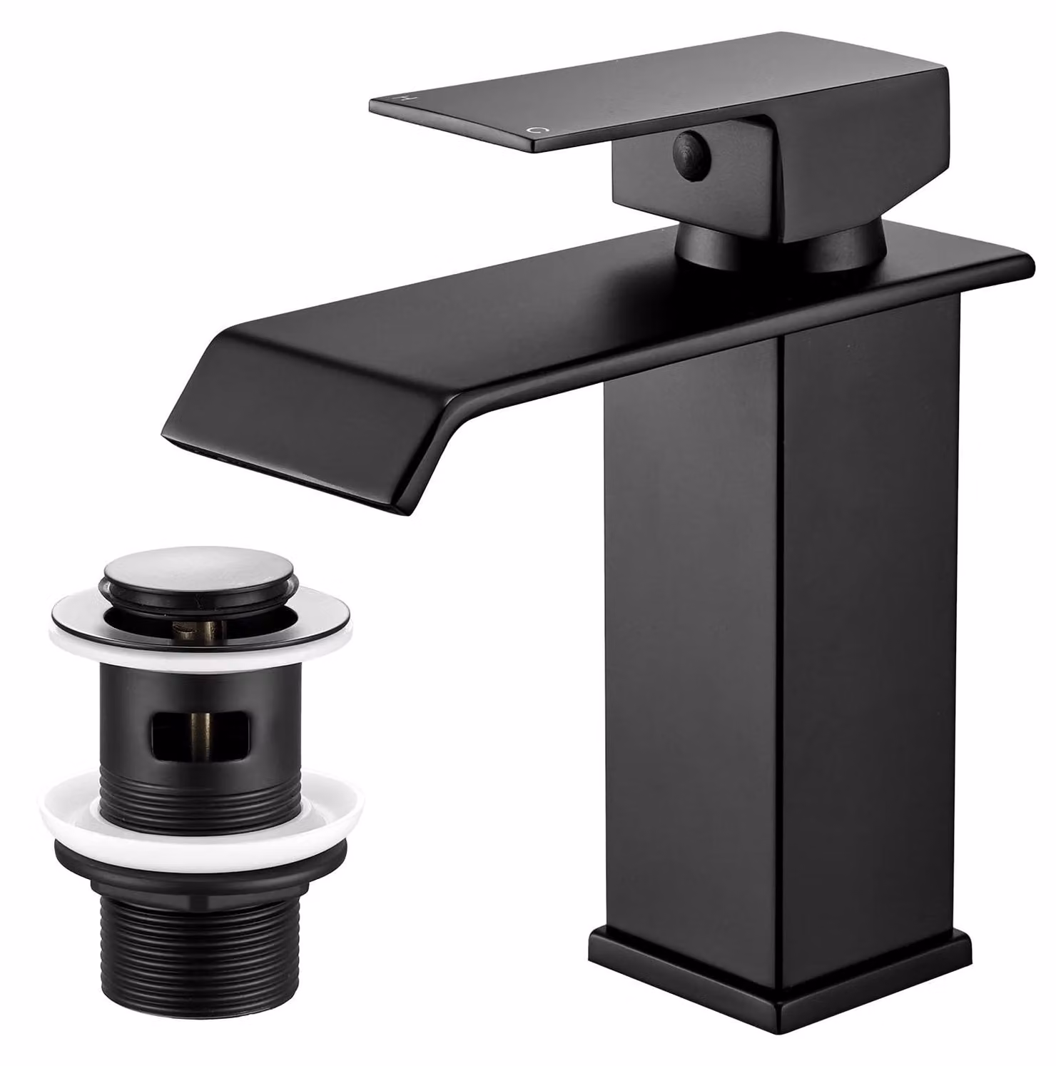 Miscelatori per lavabo con tappo a scomparsa, finitura nera opaca, design quadrato, miscelatore monocomando per bagno
