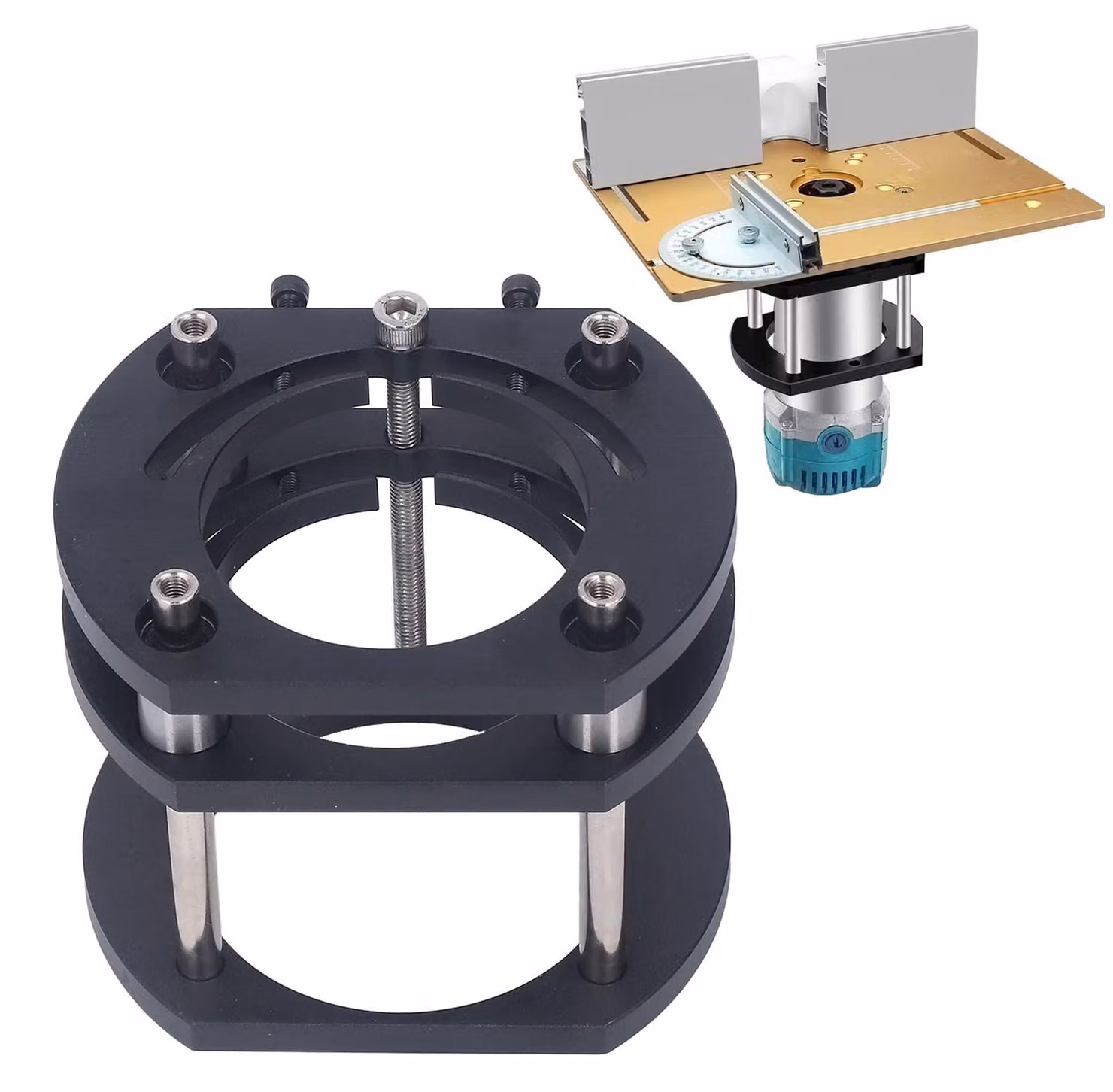 Piattaforma di supporto regolabile in altezza - Realizzata in lega di alluminio - Dotata di 4 morsetti - Adatta per piccoli utensili da taglio - Ideale per lavorazioni di precisione del legno - Fino a 51 mm - Piano di lavoro per fresatrici
