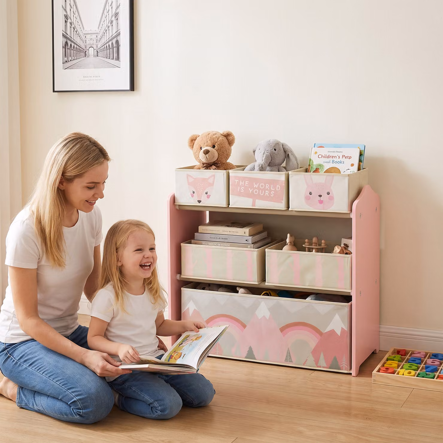 Scaffale Portagiochi ZONEKIZ per Bambini con 6 Contenitori in Tessuto Rimovibili, Rosa, L: 63 cm, P: 30 cm, H: 66 cm – 2
