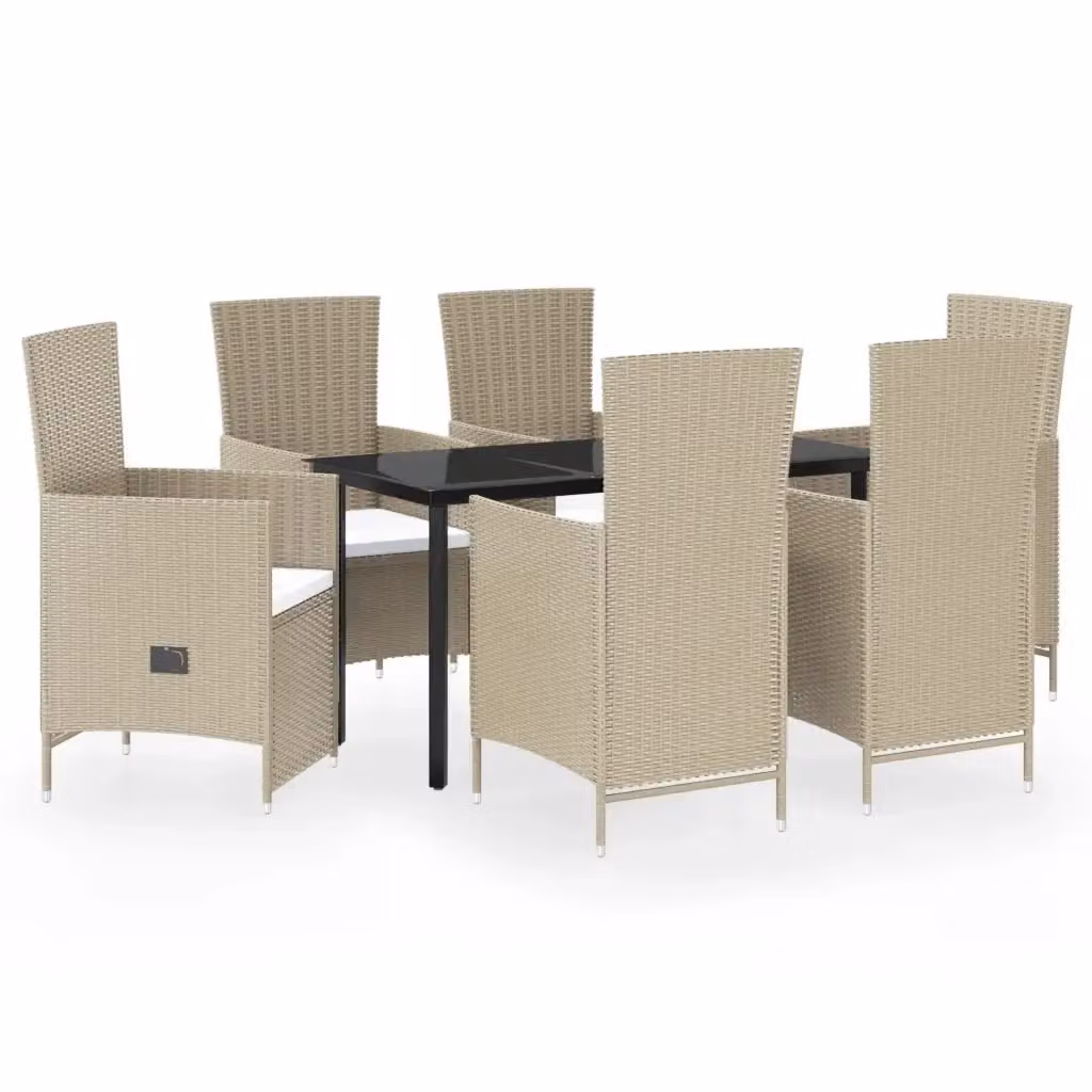 Set da Pranzo da Giardino vidaXL in Polyrattan con Tavolo in Vetro e 7 Sedute con Cuscini Beige – 2