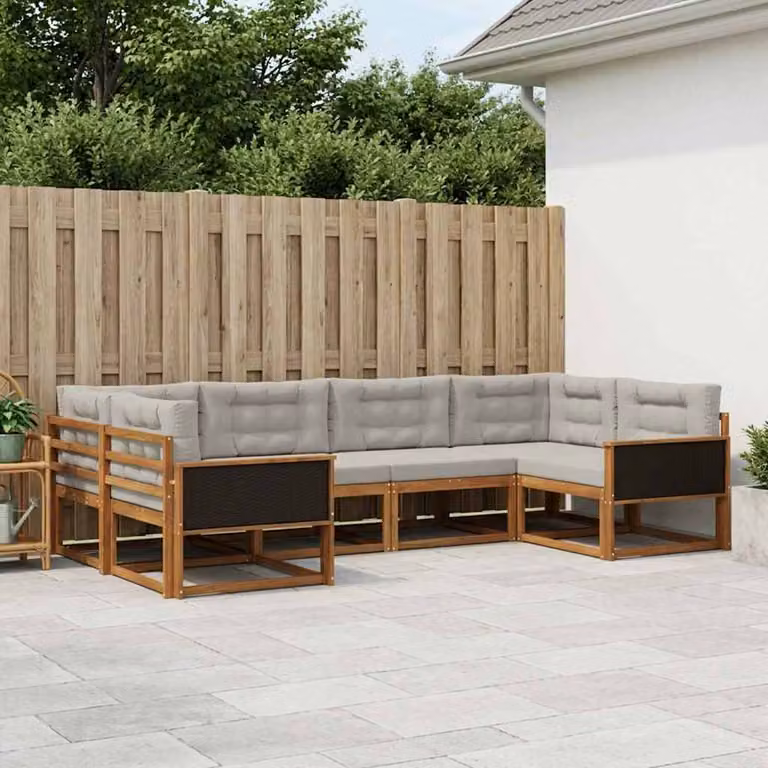 Set di divani da esterno vidaXL a forma di L composto da 6 pezzi in legno di acacia con cuscini in tessuto beige e grigio
