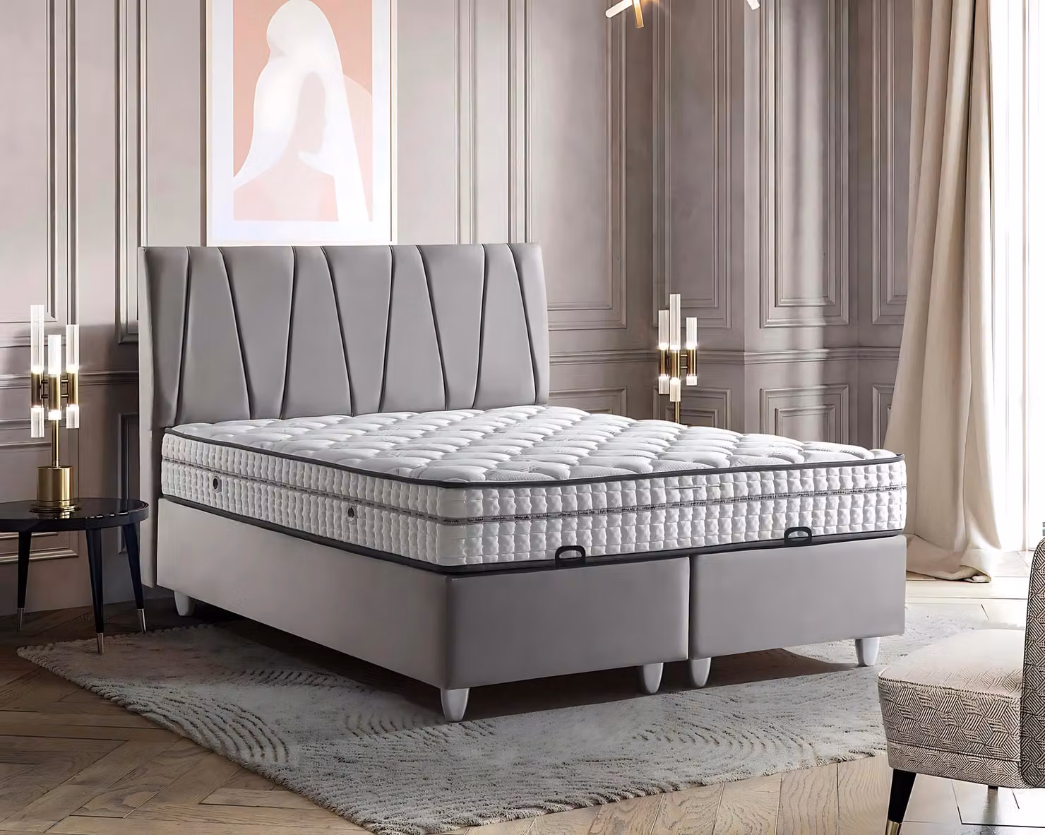 Elegantes graues Bett mit Matratze im modernen Stil