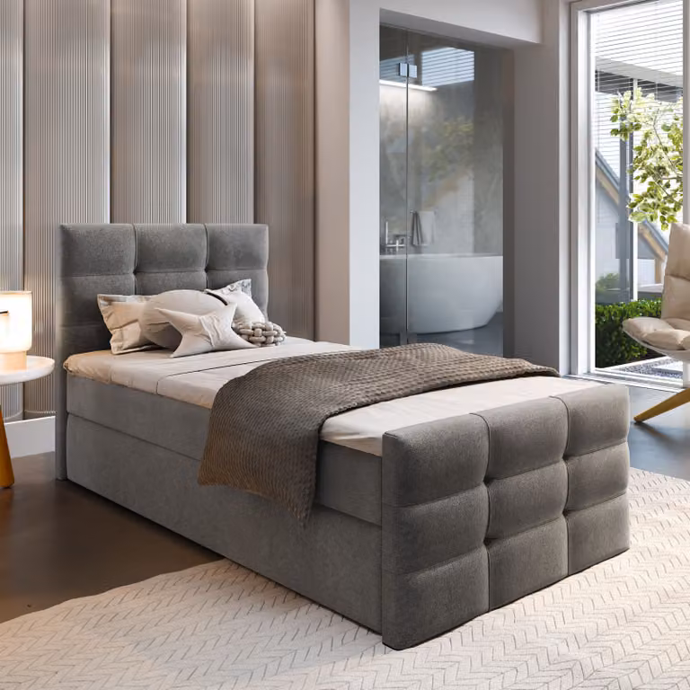 Letto a molle Masseno AMON 90 90x200 cm completo di materasso e topper Bonell, letto imbottito con cassettiera - grigio, COSMIC 160
