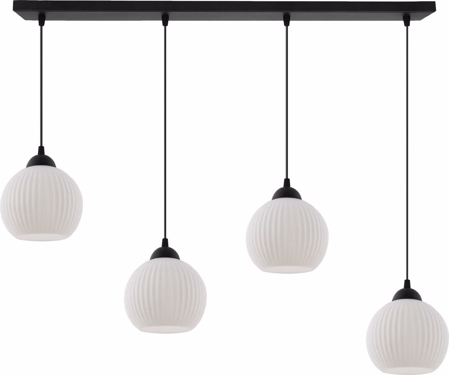 Lampada a sospensione Riffle nera a 4 luci con paralumi a sfera bianchi E27