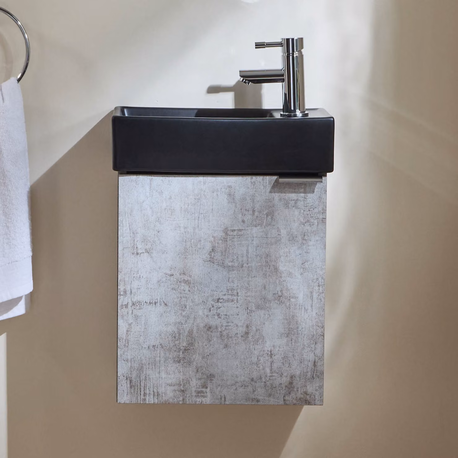 Mobile Bagno Grigio Cemento Sospeso da 400mm con Lavabo Nero e Maniglia con Impugnatura a Dito Cromata - Cluo