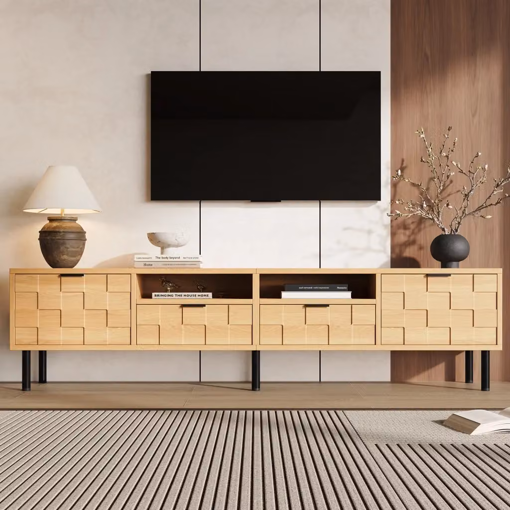 Cassettiera TV moderna KOMHTOM in MDF e truciolare, colore beige, L: 200 cm, P: 35 cm, H: 44,5 cm – 2