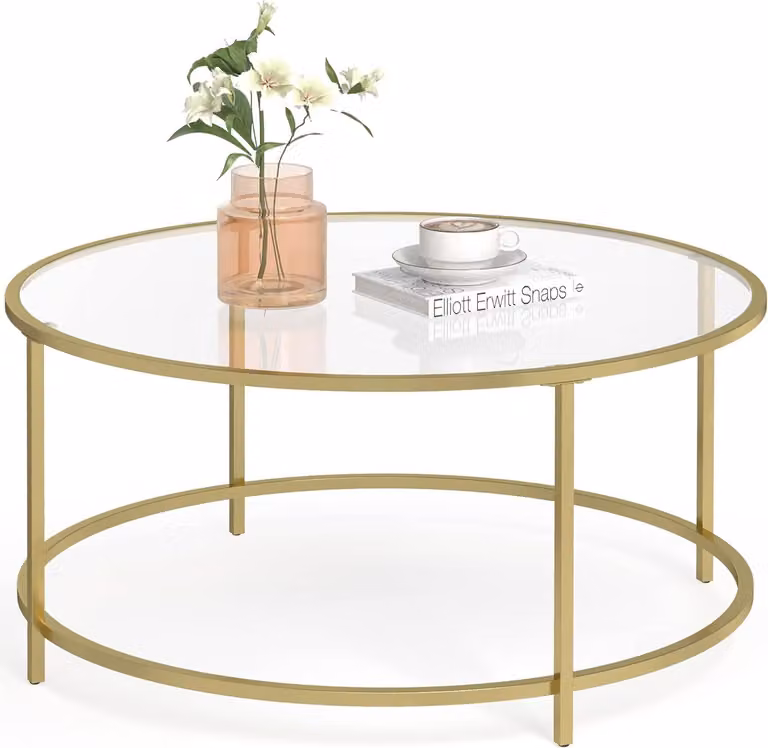 Tavolino VASAGLE, tavolino rotondo, 84 x 84 x 45,5 cm, tavolino in vetro con struttura in metallo, vetro temperato, comodino, tavolino per divano, per balcone, oro