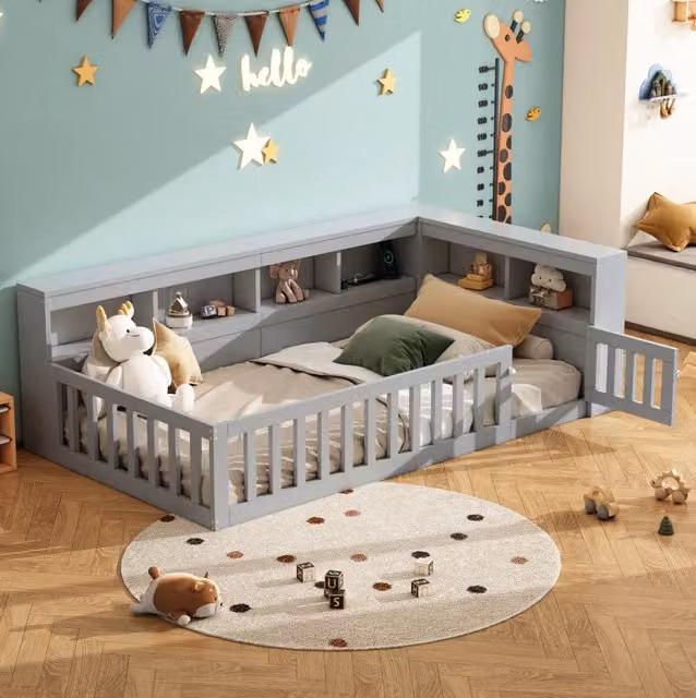 Letto da giorno ULEVR 90x200 cm con rete a doghe, vano laterale, sponda estraibile, prese elettriche e USB, grigio